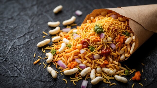 Indian bhel puri chaat snack in paper cone. Puffed rice mixed with sev onions chutneys. Savoury street food from Mumbai, India. Delicious and crunchy mix.