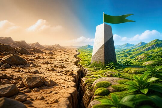 Split desert and green landscape with flag symbolizing climate resilience