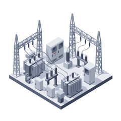 Obraz premium Isometric view of electrical substation with transformers and power lines.