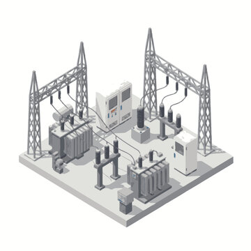 Isometric view of electrical substation with transformers and power lines.