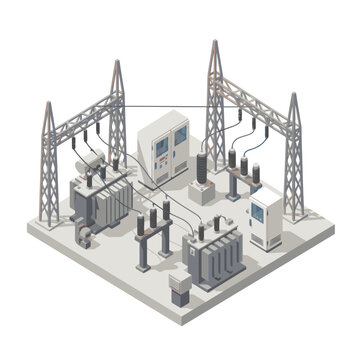 Isometric view of electrical substation with transformers and power lines.