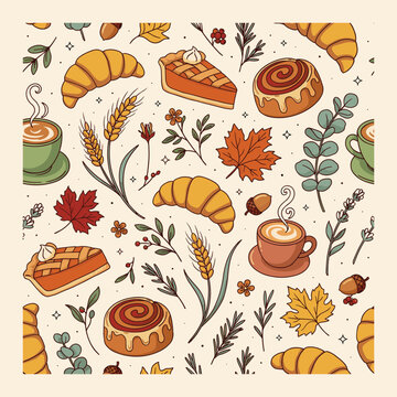 Autumn themed pattern featuring croissants cinnamon rolls coffee and fall leaves