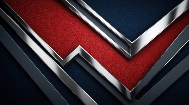 Abstract background featuring metallic silver chevron lines over red, dark blue textured surfaces. Shiny chrome layers create geometric depth with premium aesthetic. Modern graphic art wallpaper