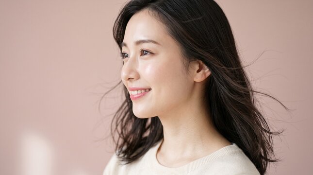 Young Japanese woman with dewy skin in a bright indoor studio setting, natural beauty and skincare concept, great for wellness and self care marketing