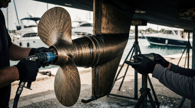 Marine mechanic greases bronze propeller shaft during boat maintenance in shipyard. Worker wears black gloves, uses lubrication tool for metal parts. Vessel on seasonal service repair docked on land.