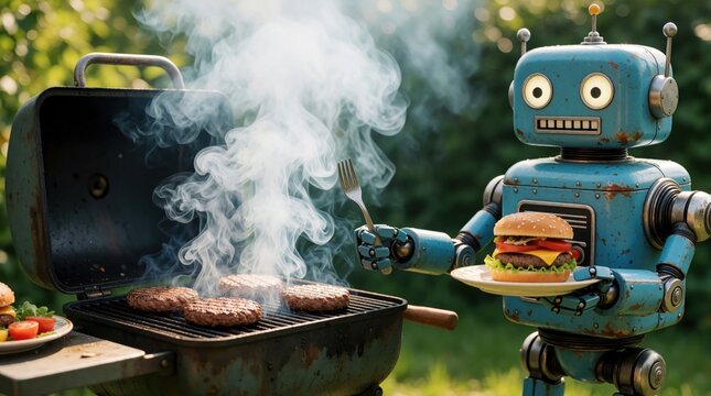 Blue robot cooks burgers on outdoor grill. Smoke rises from meat patties on rack. Robot holds finished burger on plate. Backyard picnic fun with futuristic chef.