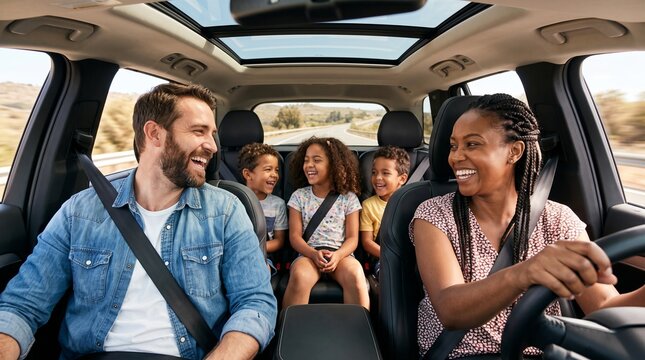 Family Road Trip Adventure: A happy family of four, parents and two children, enjoy a scenic road trip, smiling and laughing inside a modern car with a panoramic sunroof.