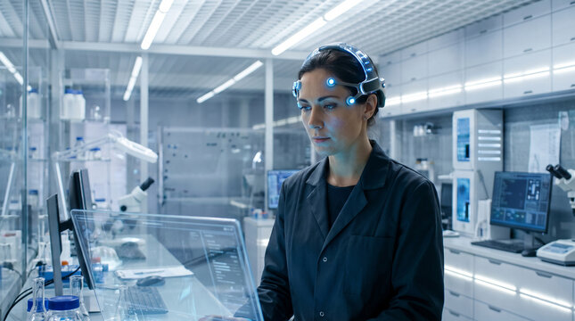 This beautiful and highly detailed stock photograph captures a focused female researcher wearing a futuristic neural brain computer interface headset inside the lab here.