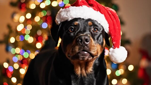 Happy Rottweiler Dog Wearing Santa Hat in Front of Christmas Tree