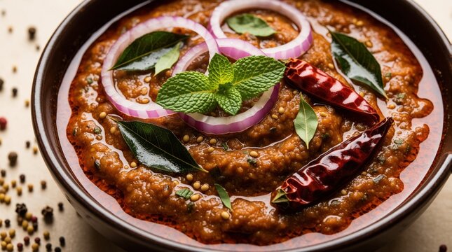 Top view of traditional Indian Kara gravy in ceramic bowl. Rich spicy curry features red onion rings fresh mint leaves dried chili, aromatic herbs. Authentic gourmet meal served for lunch dinner