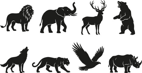 Collection of black animal silhouettes including lion elephant deer bear wolf panther eagle and rhinoceros © Md