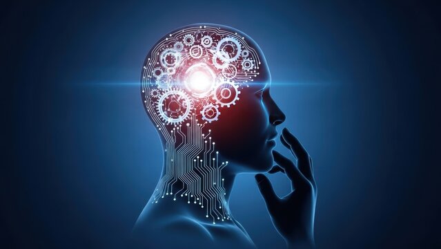 Artificial intelligence concept digital brain with gears and neural network technology illustrating thinking process innovation and machine learning