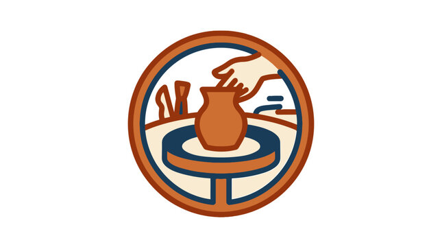 Circular pottery studio logo with hands and clay.