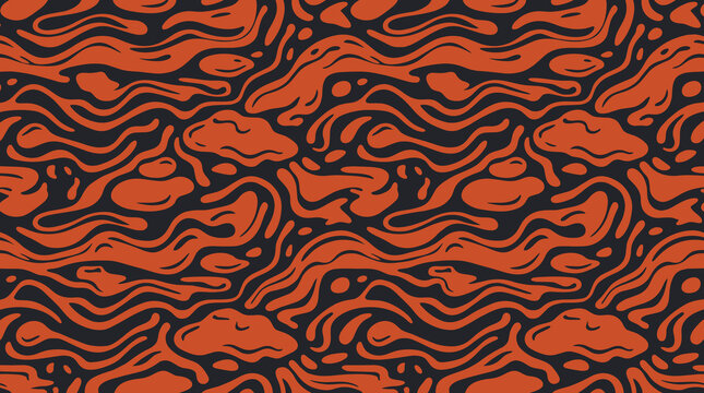 Seamless pattern featuring abstract organic wavy shapes and fluid lines in burnt orange on dark charcoal background