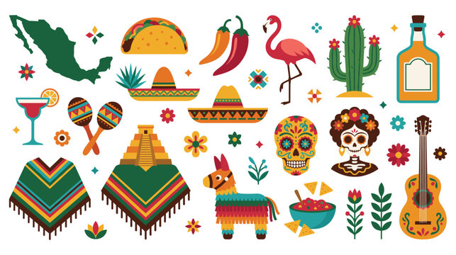 Collection of colorful mexican themed objects and icons set.