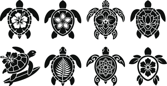 Set of eight black sea turtle silhouettes with decorative shell patterns, including hibiscus, plumeria, orchid, lotus, and surfboard isolated on white