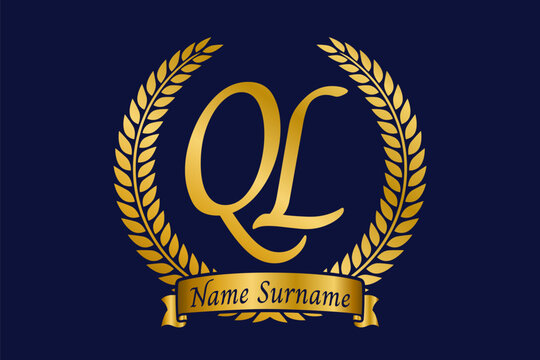 Initial letter Q and L, QL monogram logo design with laurel wreath. Luxury golden calligraphy font.