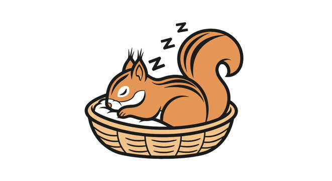 Cute squirrel sleeping soundly inside a wicker basket.