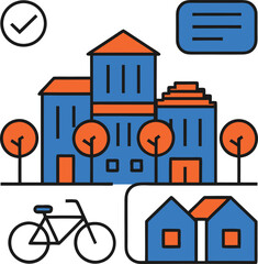 Fototapeta premium Urban city scene with buildings, trees, a bicycle, and a checkmark representing sustainable city planning in a flat style
