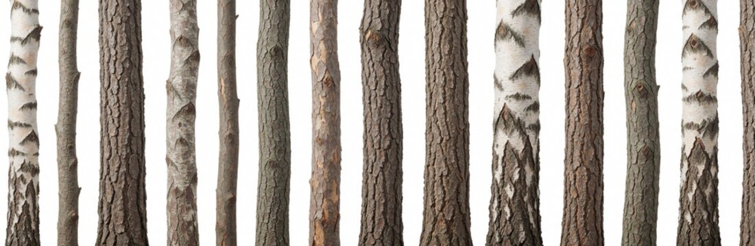 Set of various tree trunks standing in row isolated on white background. Different wooden textures like birch maple, pine bark patterns shown. Natural timber trunks aligned vertically. Raw forest