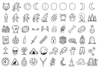 Naklejka premium Fantasy Adventure and RPG Line Icon Set with Mythical Creatures, Magic and Quest Symbols