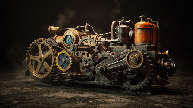 Intricate steampunk engine with gears, pipes, and steam emitting from a dark textured background