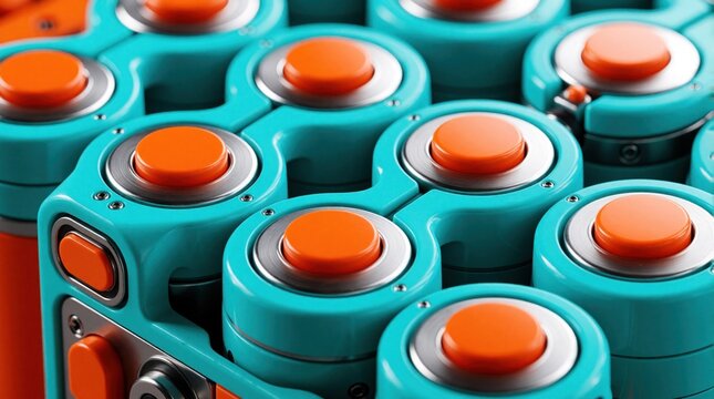 Close up of turquoise battery cells with orange tops and buttons. They stack in rows creating a textured, modern industrial pattern for power and tech concepts. Futuristic design.