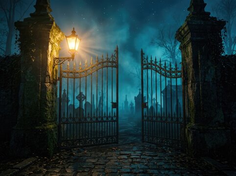 An eerie old iron gate leading into a dark foggy graveyard at night with a glowing street lamp illuminating