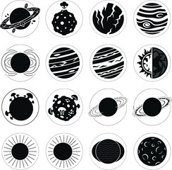 Abstract cosmic planets and celestial icons set with stylized moons, suns, rings, and space textures in monochrome design © Rajib