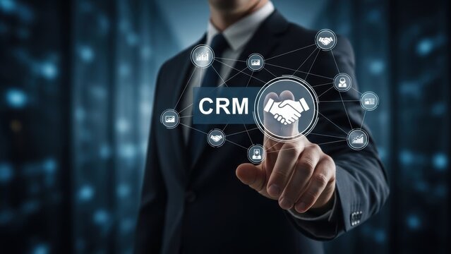 Businessman touching crm icon with connected network for customer relationship management software implementation and digital transformation strategy