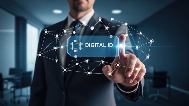 Businessman touching digital id button displaying secure identification authentication and modern technology access with network connections