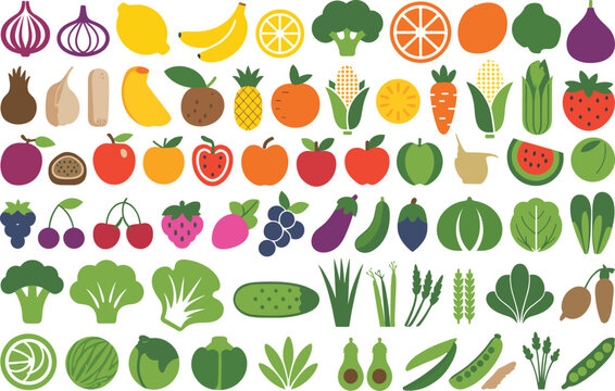 Large collection of colorful fruit and vegetable icons in a flat design style