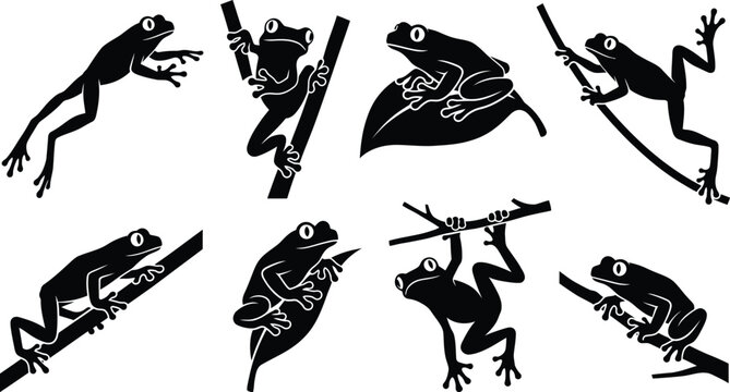 PrintTree Frog Silhouette Illustrations in Various Poses on Branches and Leaves for Nature and Wildlife Design