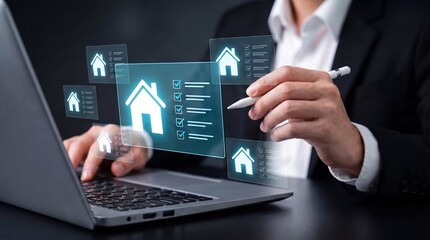 Fototapeta premium Real estate property management concept, professional using digital stylus to navigate home listing interface with property checklists, housing market analysis, and online transaction planning
