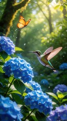 Fototapeta premium Tiny hummingbird bird drinks nectar from blue hydrangea flower. Orange butterfly flies nearby in magical sunlit green forest. Nature scene with water drops.