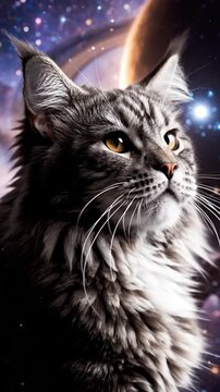 Maine Coon Cat Looking at Glowing Planet and Stars in Deep Outer Space