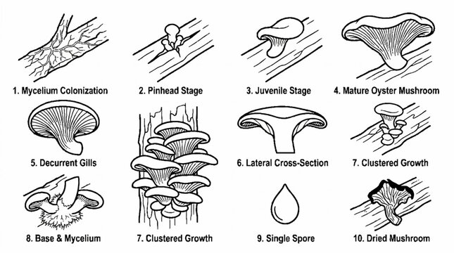 A detailed educational illustration showing the life cycle and growth stages of oyster mushrooms.