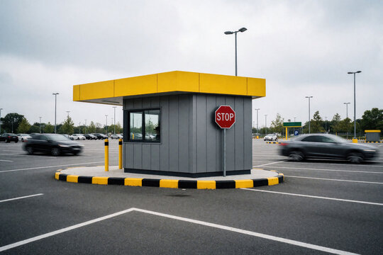 Modern yellow, grey parking booth stands in outdoor vehicle lot. Cars pass by on asphalt road surface. Traffic stop sign mounted on kiosk wall. Business area facility provides payment access control