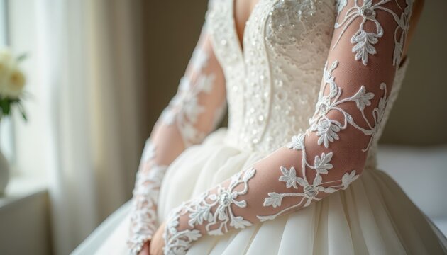 Elegant wedding dress with intricate lace sleeves and detailed embroidery showcasing stylish bridal fashion. Bridal gown features exquisite floral patterns and a classic silhouette.