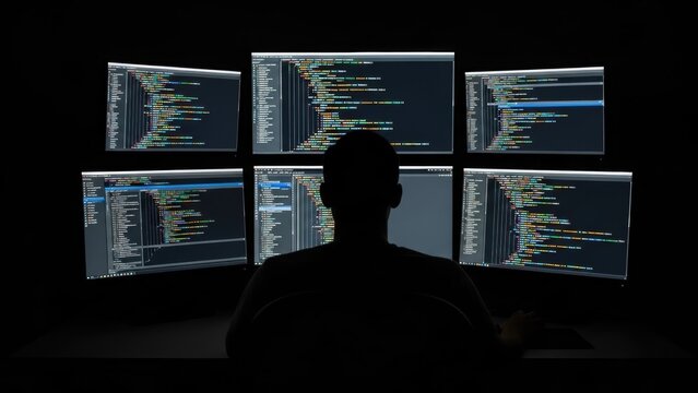 Programmer silhouette surrounded by multiple monitors displaying code lines developing software cybersecurity and programming technologies