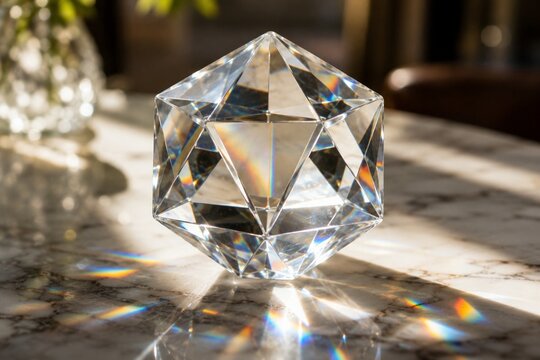 Clear icosahedron crystal paperweight refracting sunlight on marble surface.