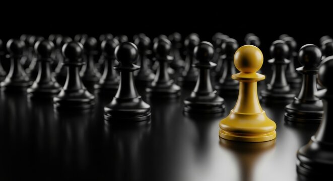 Yellow Pawn Standing Out Among Black Chess Pieces
