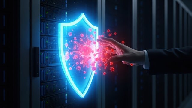 Server data protection shield against virus attack with hand activating security and digital safety in data center
