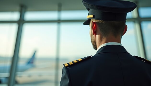 Pilot looking out at airport runway with airplane in background. Pilot in uniform with hat and professional attire observing aircraft operations from terminal.
