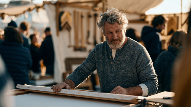 A picture framer working a busy December holiday crowd at an art fair, single professional focused on stretching a canvas at a portable workstation, festive buyers surrounding the