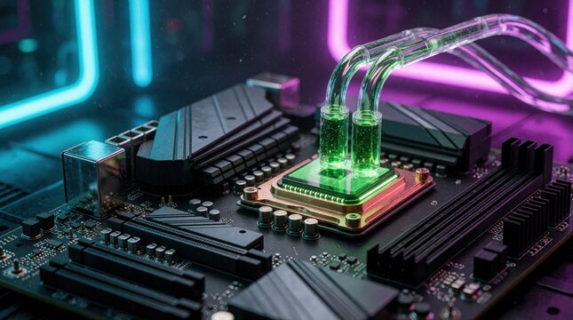 Liquid cooling system with bright green coolant circulates through transparent tubes on high performance computer processor. Modern AI server motherboard hardware manages thermal efficiency in tech