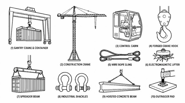 A collection of various industrial lifting equipment and construction machinery components.