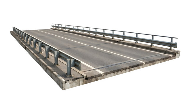 Asphalt bridge road section with metal guardrails isolated on transparent background