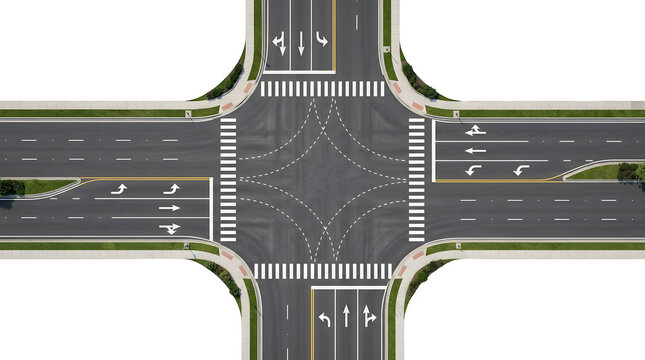 Top view of a modern fourway road intersection with lane markings and crosswalks isolated on transparent background