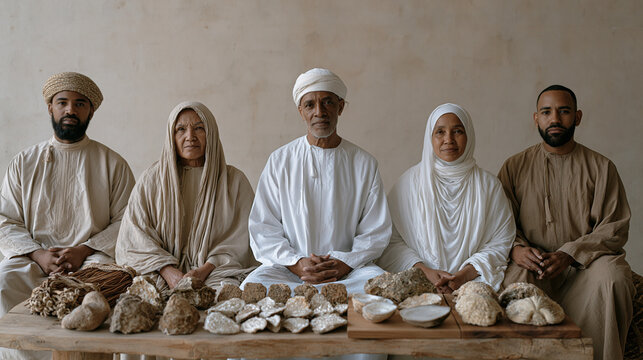 A multicultural group of pearl divers in a minimalist studio setting, traditional diving equipment displayed alongside contemporary sustainable aquaculture samples, December